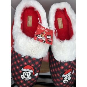 Disney Mens Sz 11/12 Christmas Slippers Red Embroidered Mickey W/Santa Hat‎ NEW